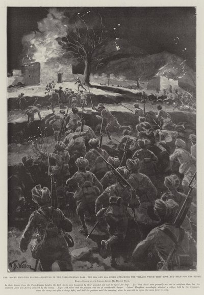 The Indian Frontier Rising, Fighting in the Tseri-Kandao Pass, the 15th and 36th Sikhs Attacking the Village which they Took and Held for the Night by William Barnes Wollen